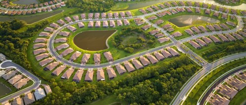 Aerial view of a sprawling build-to-rent residential community in Florida, showcasing numerous rows of identical houses with terracotta roofs, arranged around several man-made lakes and lush green spaces.