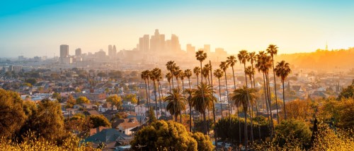 the skyline of los angeles during sunset