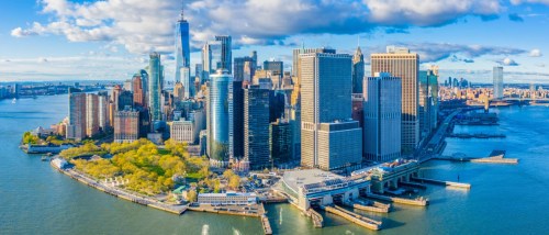 Aerial view of Manhattan's Financial District skyline from New York Harbor.