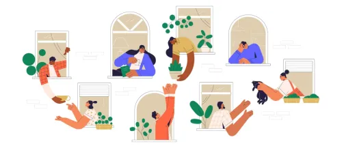 An illustration of neighbors in an apartment building interacting through their windows, engaging in various activities such as reading, watering plants, having a coffee, and playing with a cat, highlighting a sense of community and connection.