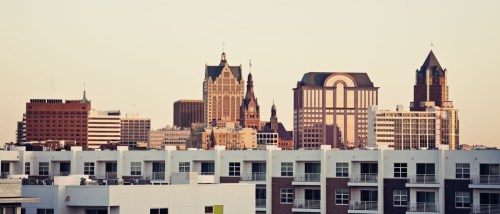 Downtown Milwaukee WI skyline with apartment buildings