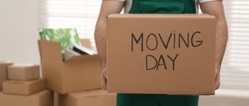 close-up of a man's hands holding a cardboard box with the words 'moving day' written on it