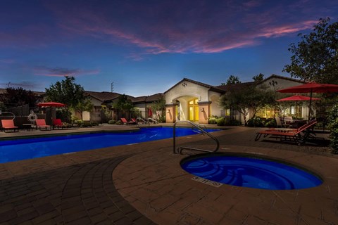 Twilight Photo of the Resort Style Pool and Outdoor Spa at Broadstone Towne Center, Albuquerque, New Mexico