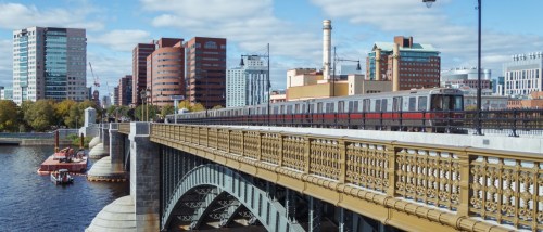 Subway running on Longfellow Bridge in Boston.