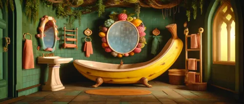 The centerpiece is a fruit-shaped bathtub, such as a banana or a strawberry, surrounded by imaginative amenities like towel racks shaped like vines and a mirror framed with leaves.