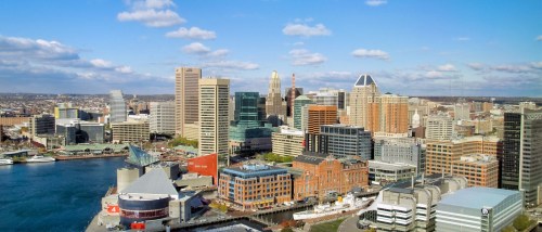 panorama of Baltimore Harbor and tall buildings in the background